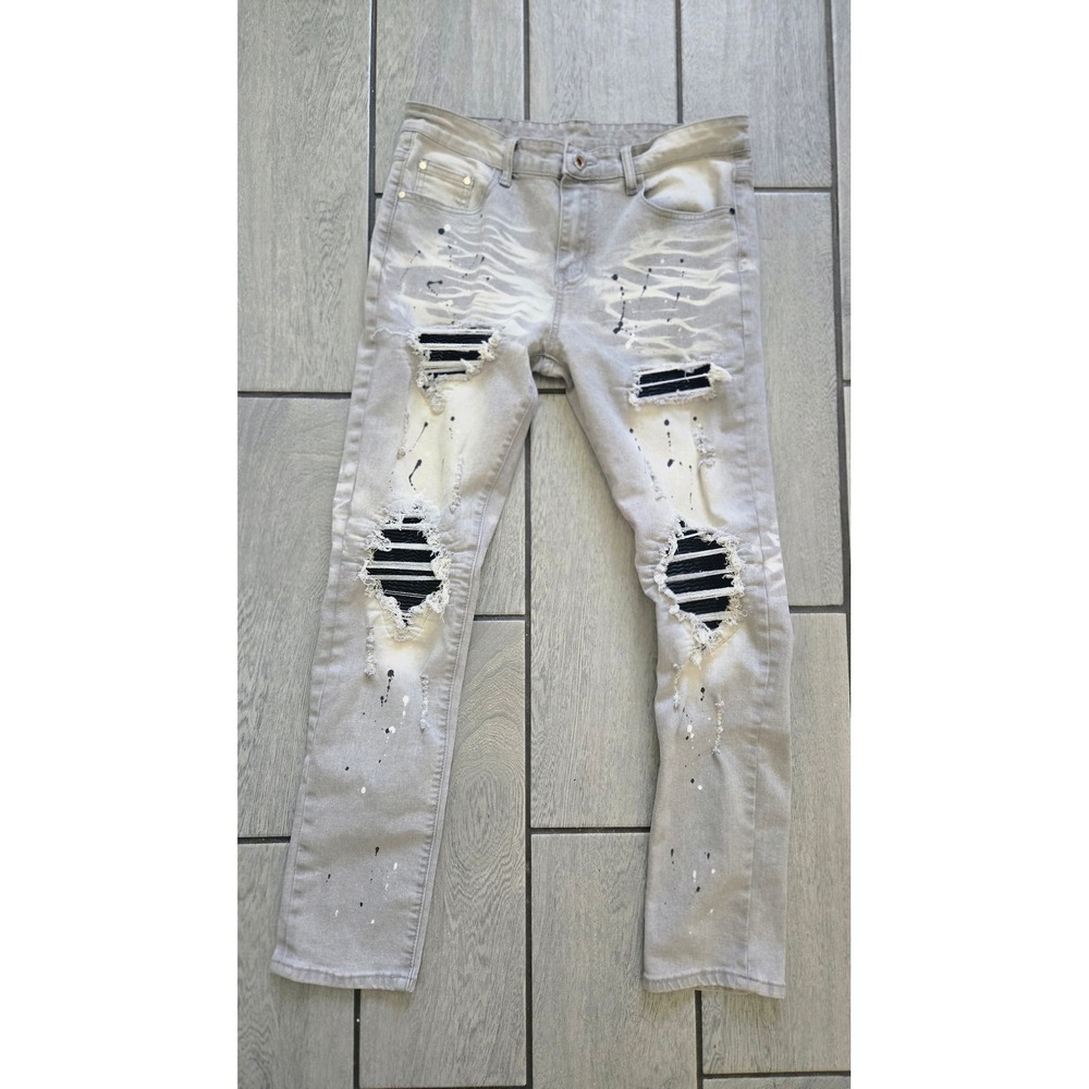 Mens Distressed Moto Jeans Gray Paint Splatter Biker Denim Size 32